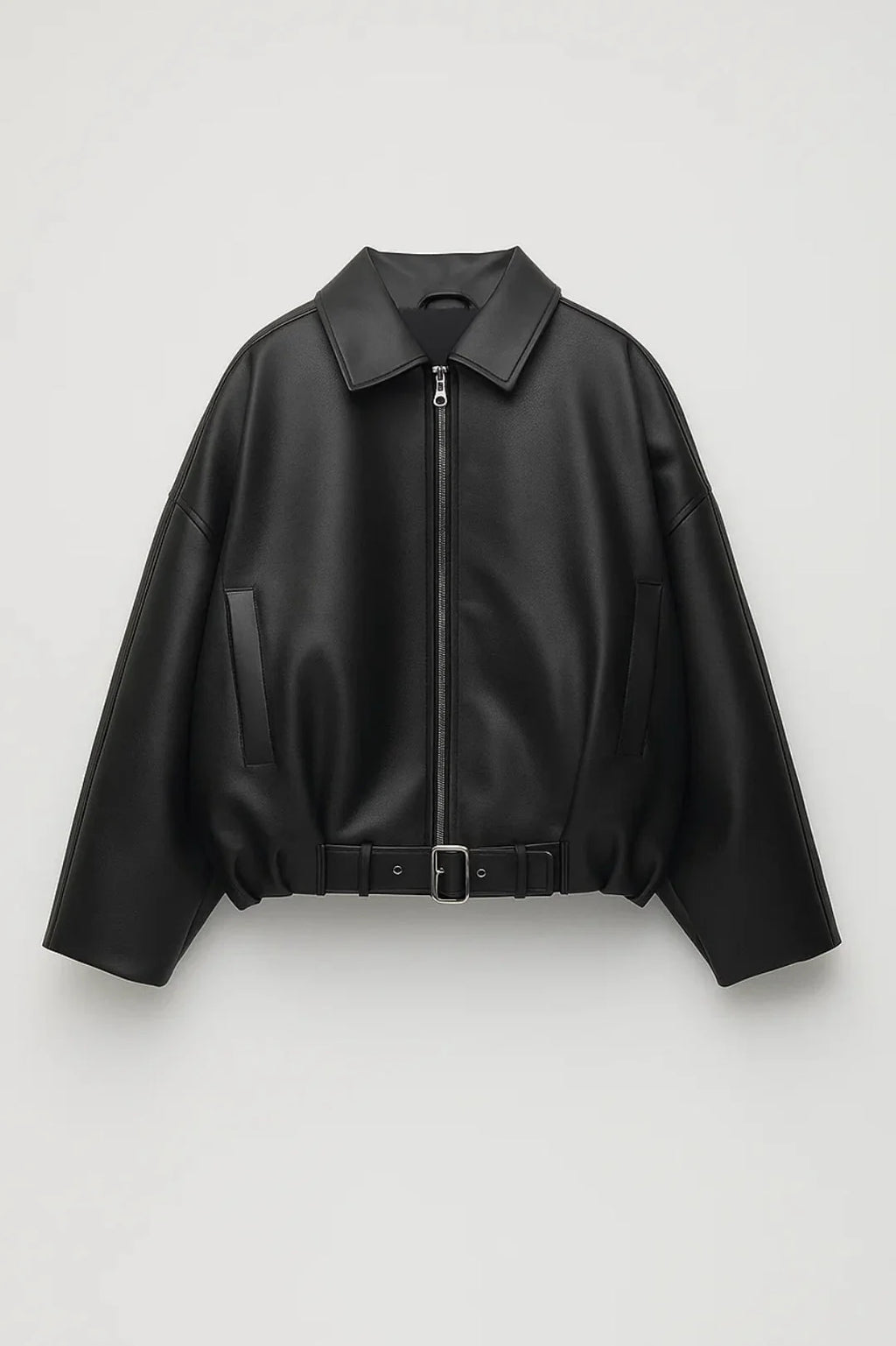 Women's black oversized faux leather jacket with belt