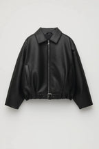 Women's black oversized faux leather jacket with belt