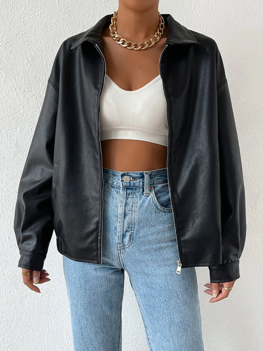 Women's black oversized faux leather jacket with drop shoulder