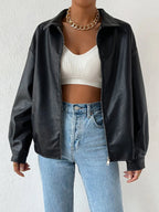 Women's black oversized faux leather jacket with drop shoulder