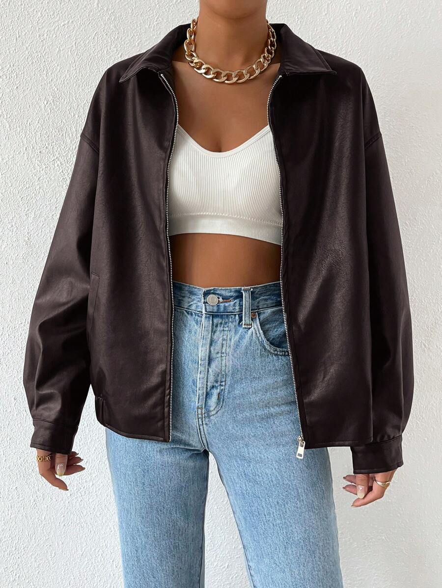 Women's dark brown oversized faux leather jacket with drop shoulder