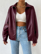 Women's maroon oversized faux leather jacket with drop shoulder