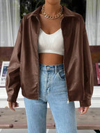 Women's brown oversized faux leather jacket with drop shoulder