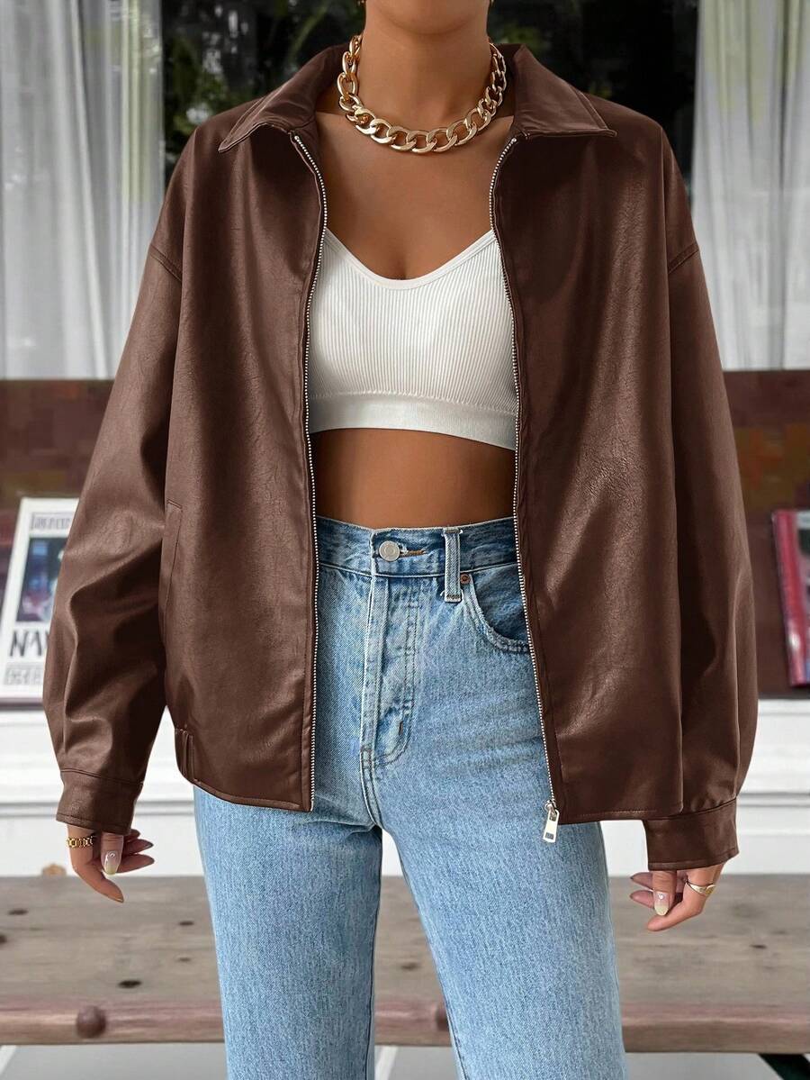 Women's brown oversized faux leather jacket with drop shoulder