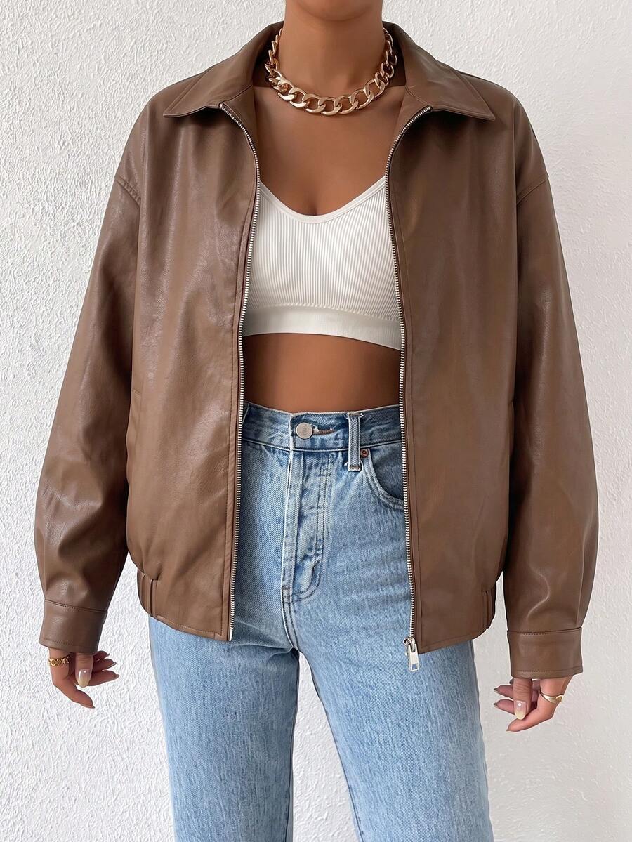 Women's tan oversized faux leather jacket with drop shoulder