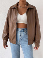 Women's tan oversized faux leather jacket with drop shoulder