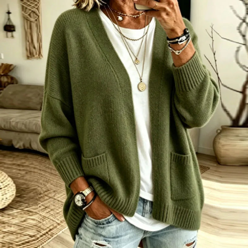 Women's army green oversized open front cardigan with pockets