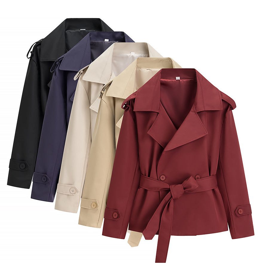 Oversized short trench coat with tie belt, product still life