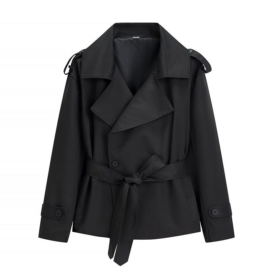 Oversized short trench coat with tie belt, product still life