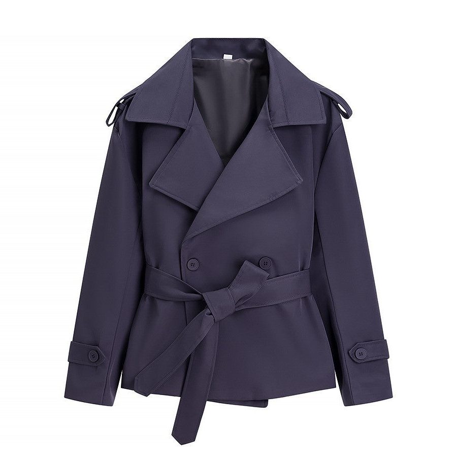 Oversized short trench coat with tie belt, product still life