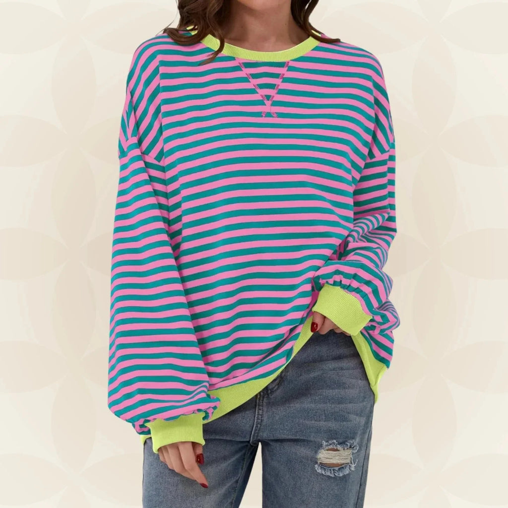 Women's pink & teal oversized striped jumper with ribbed collar