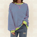 Women's pink & teal oversized striped jumper with ribbed collar