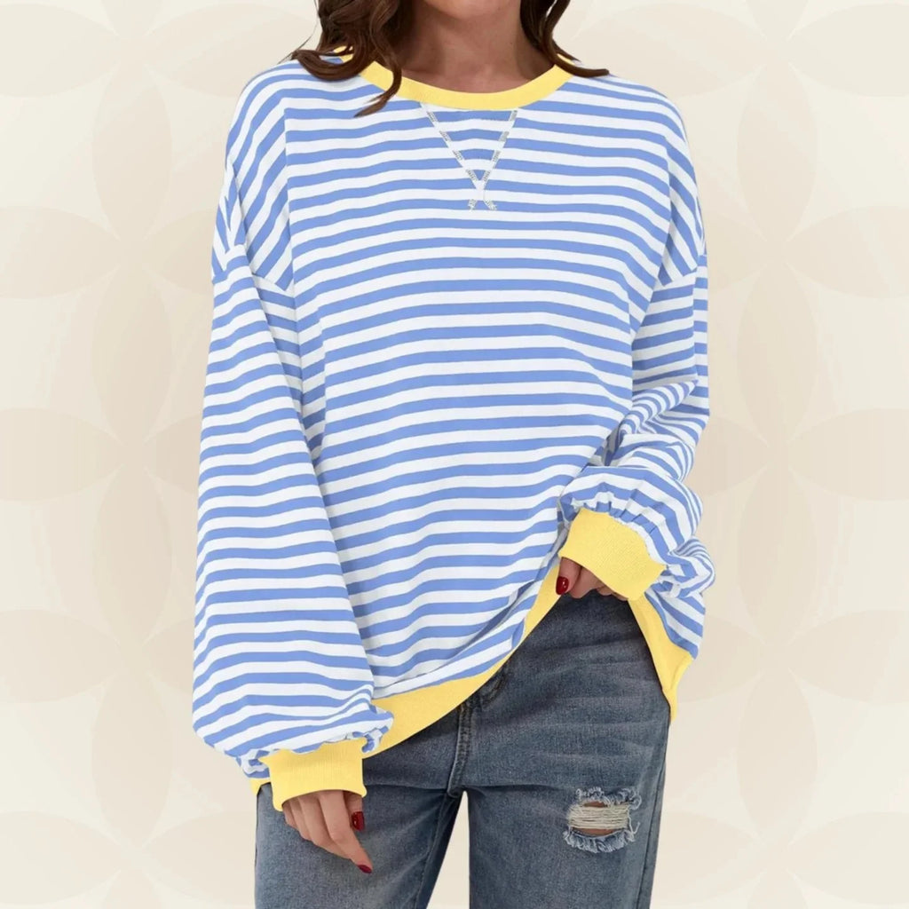 Women's light blue oversized striped jumper with ribbed collar