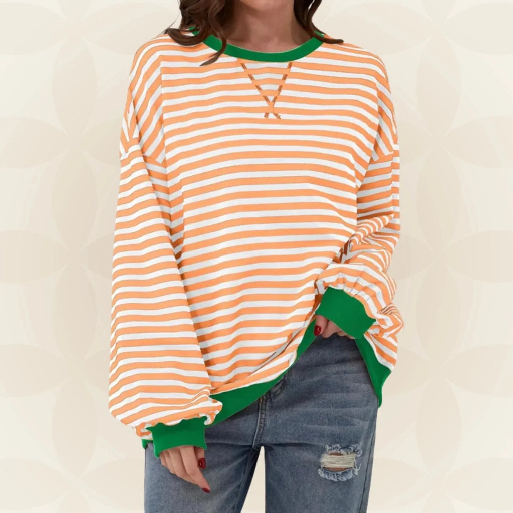 Women's orange oversized striped jumper with ribbed collar