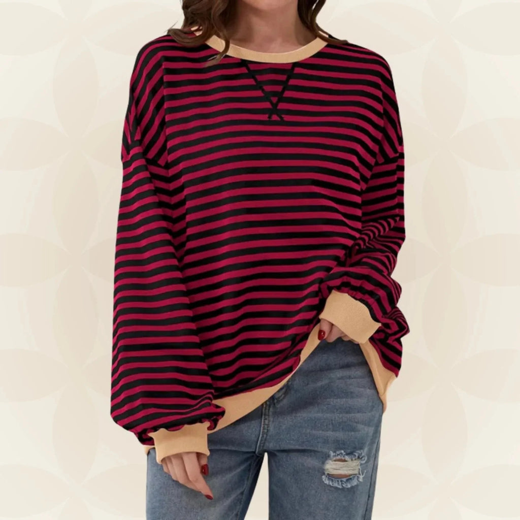 Women's dark red oversized striped jumper with ribbed collar