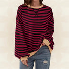 Women's dark red oversized striped jumper with ribbed collar
