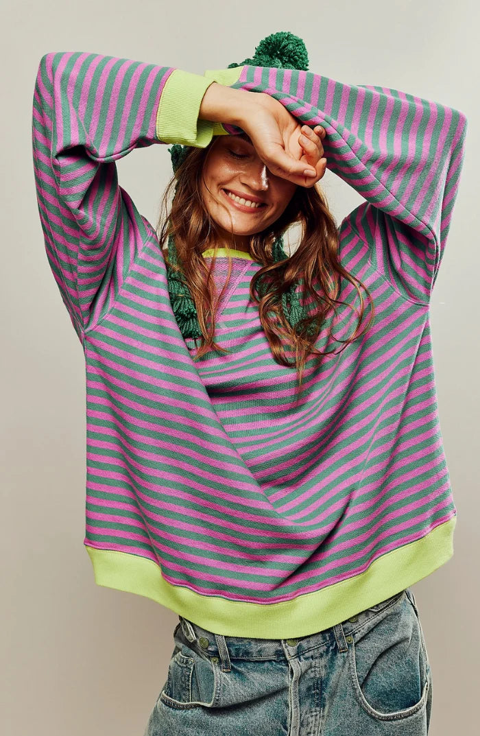 Women's green & pink boxy striped jumper with contrast trim