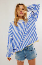 Women's blue & white boxy striped jumper with contrast trim