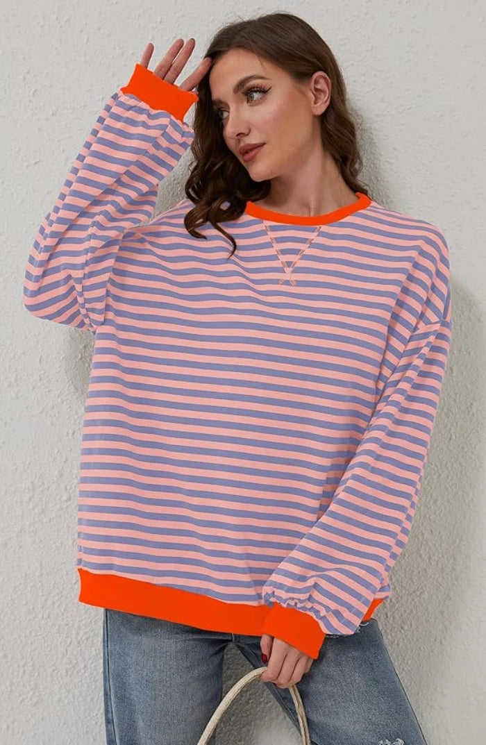 Women's pink & blue boxy striped jumper with contrast trim