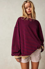 Women's red & navy boxy striped jumper with contrast trim