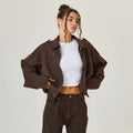 Women's brown oversized suede bomber jacket