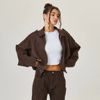 Women's brown oversized suede bomber jacket