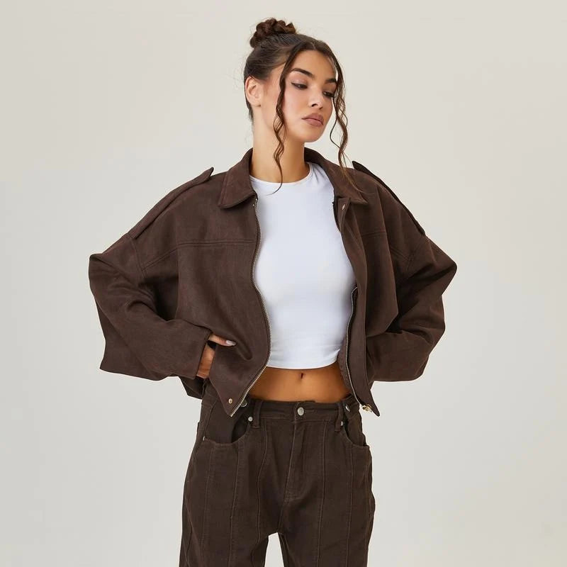Women's brown oversized suede bomber jacket