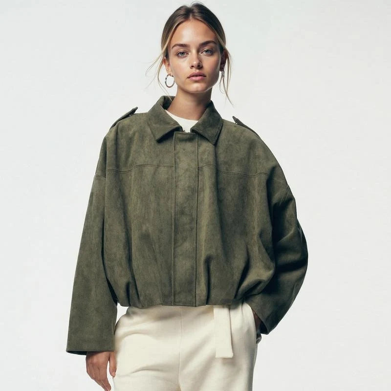 Women's olive green oversized suede bomber jacket