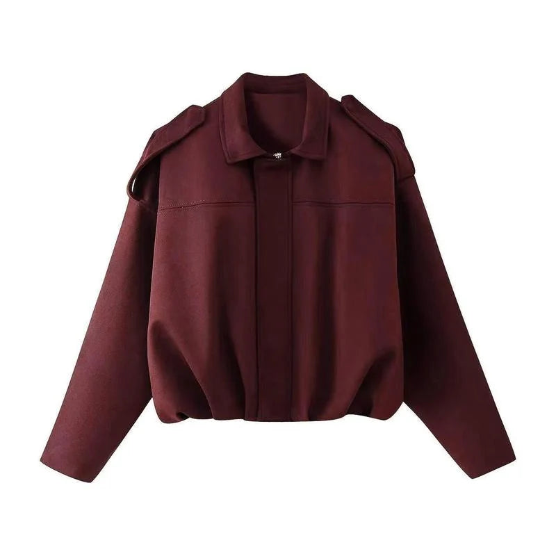 Women's burgundy oversized suede bomber jacket