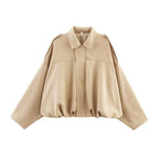 Women's beige oversized suede bomber jacket