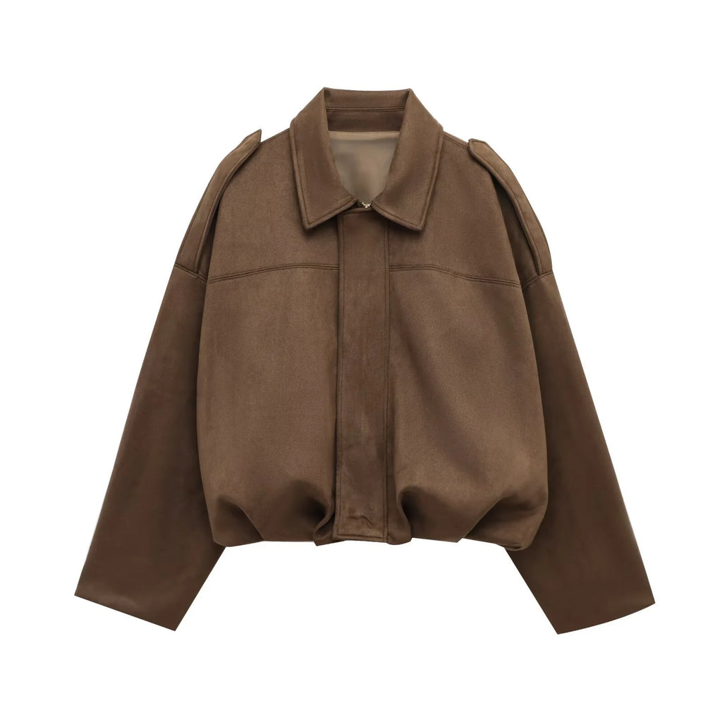 Women's light brown oversized suede bomber jacket