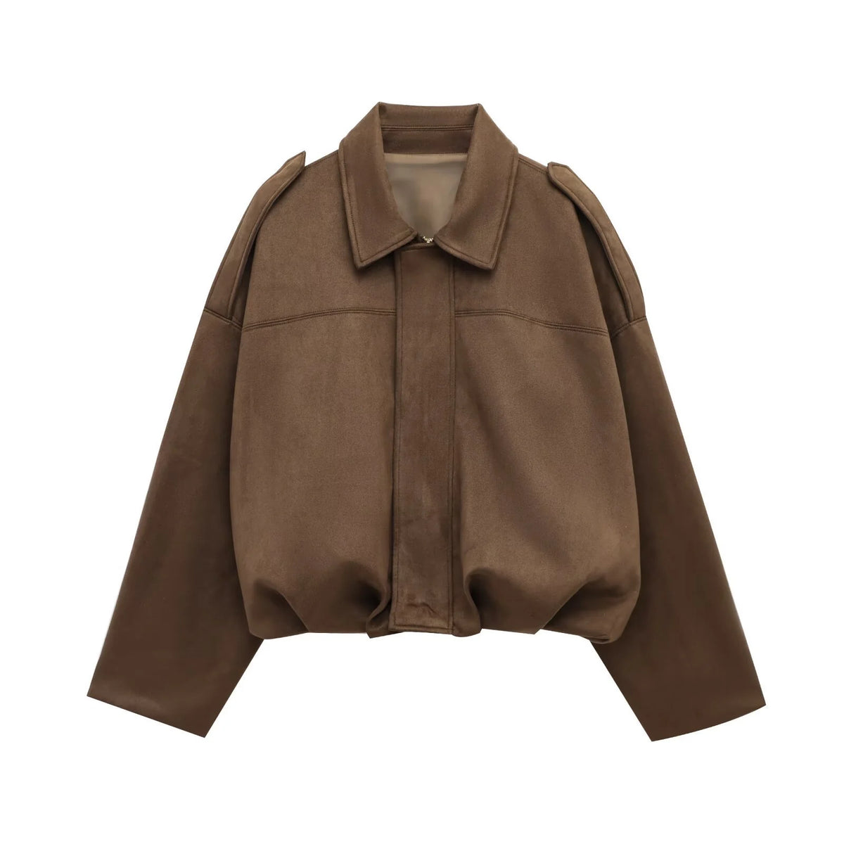 Women's light brown oversized suede bomber jacket