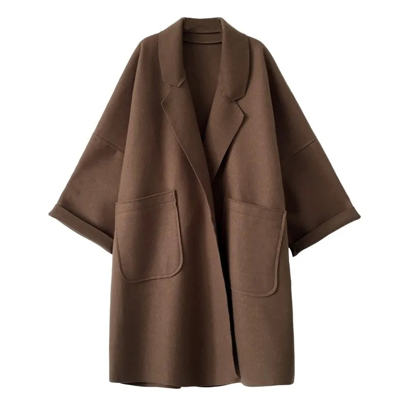 Women's coffee oversized wool blend trench coat with a tailored fit