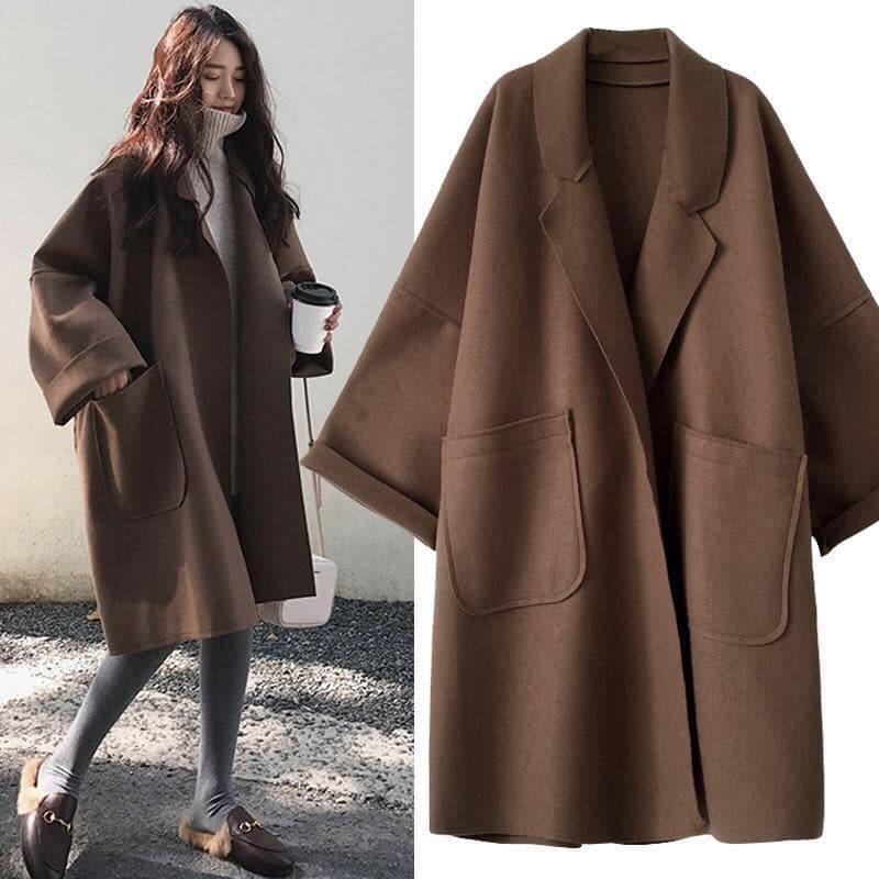 Women's coffee oversized wool blend trench coat with a tailored fit