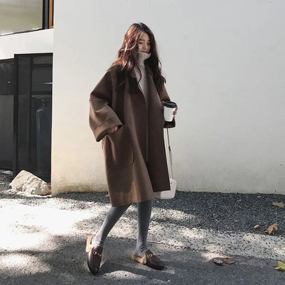 Women's coffee oversized wool blend trench coat with a tailored fit