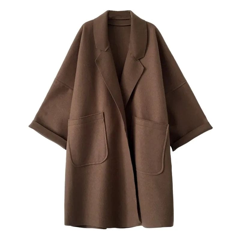 Women's coffee oversized wool blend trench coat with a tailored fit