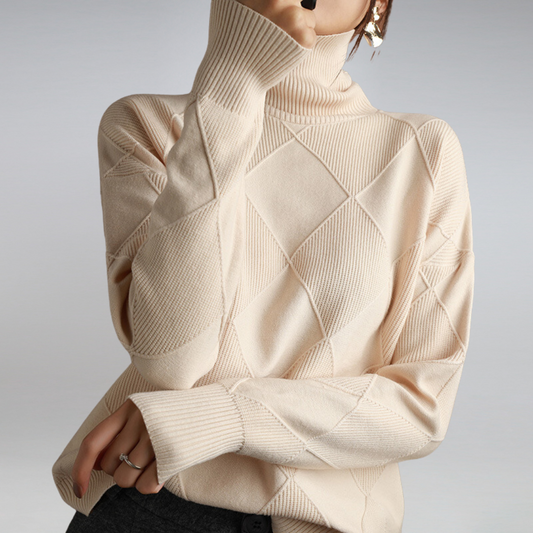 Beige cashmere wool blend roll neck jumper with a cosy, elegant drape for autumn