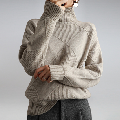 Beige cashmere wool blend roll neck jumper with a cosy, elegant drape for autumn