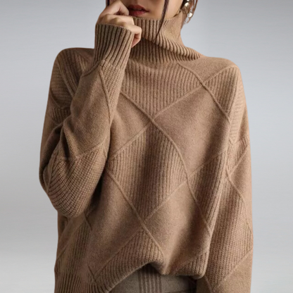 Beige cashmere wool blend roll neck jumper with a cosy, elegant drape for autumn