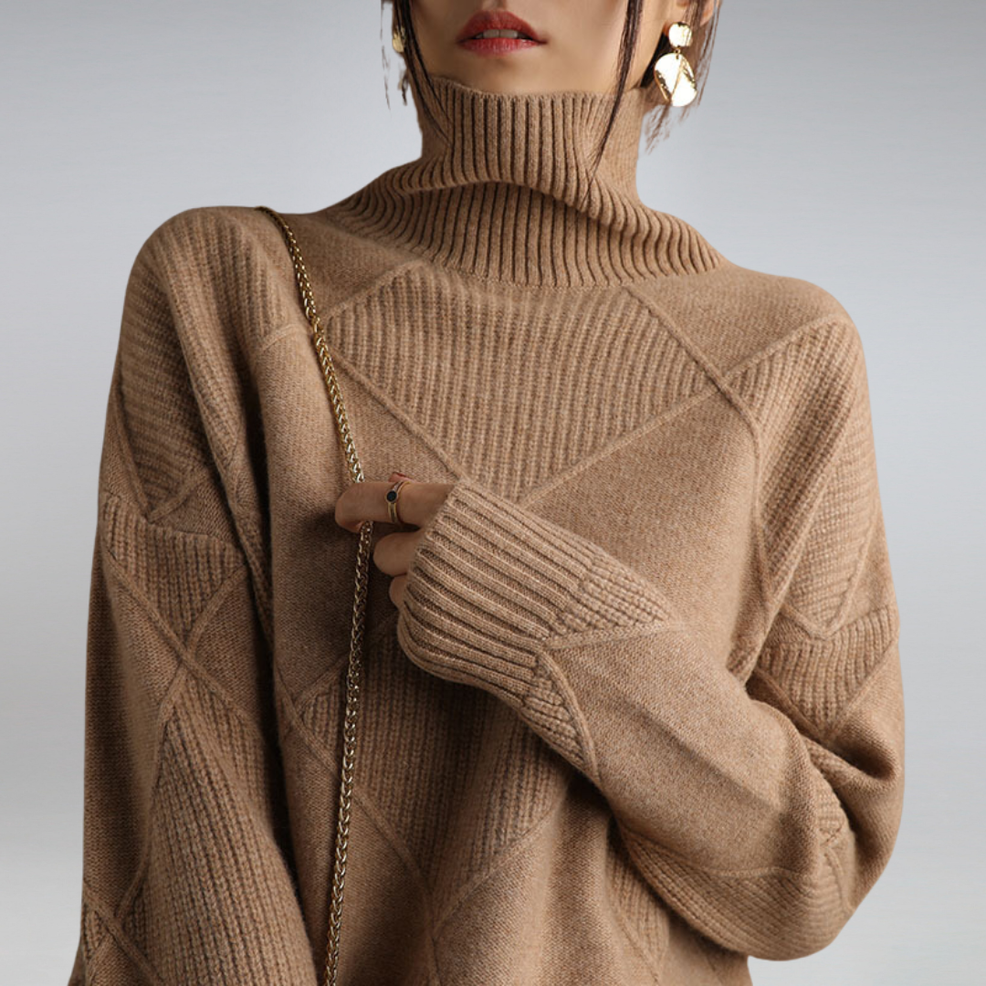 Beige cashmere wool blend roll neck jumper with a cosy, elegant drape for autumn