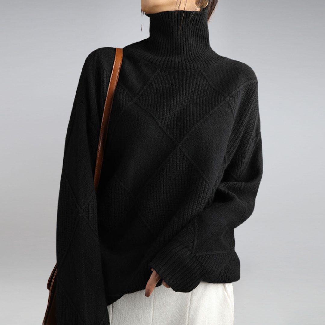 Beige cashmere wool blend roll neck jumper with a cosy, elegant drape for autumn