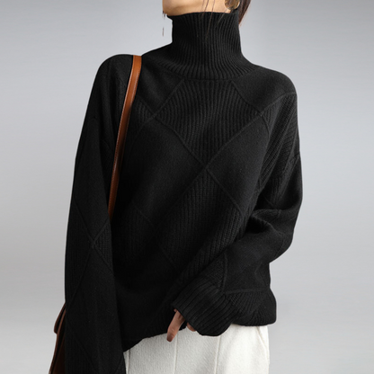 Beige cashmere wool blend roll neck jumper with a cosy, elegant drape for autumn