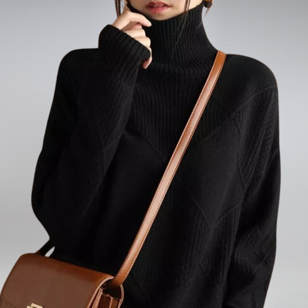 Beige cashmere wool blend roll neck jumper with a cosy, elegant drape for autumn