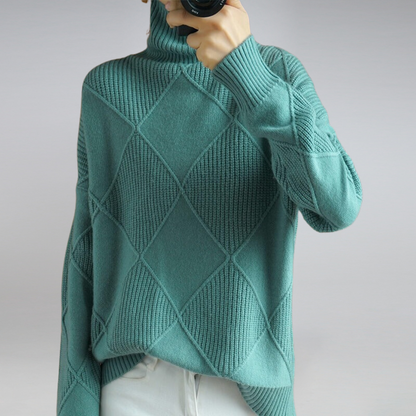 Khaki cashmere wool blend roll neck jumper with a cosy, elegant drape for autumn