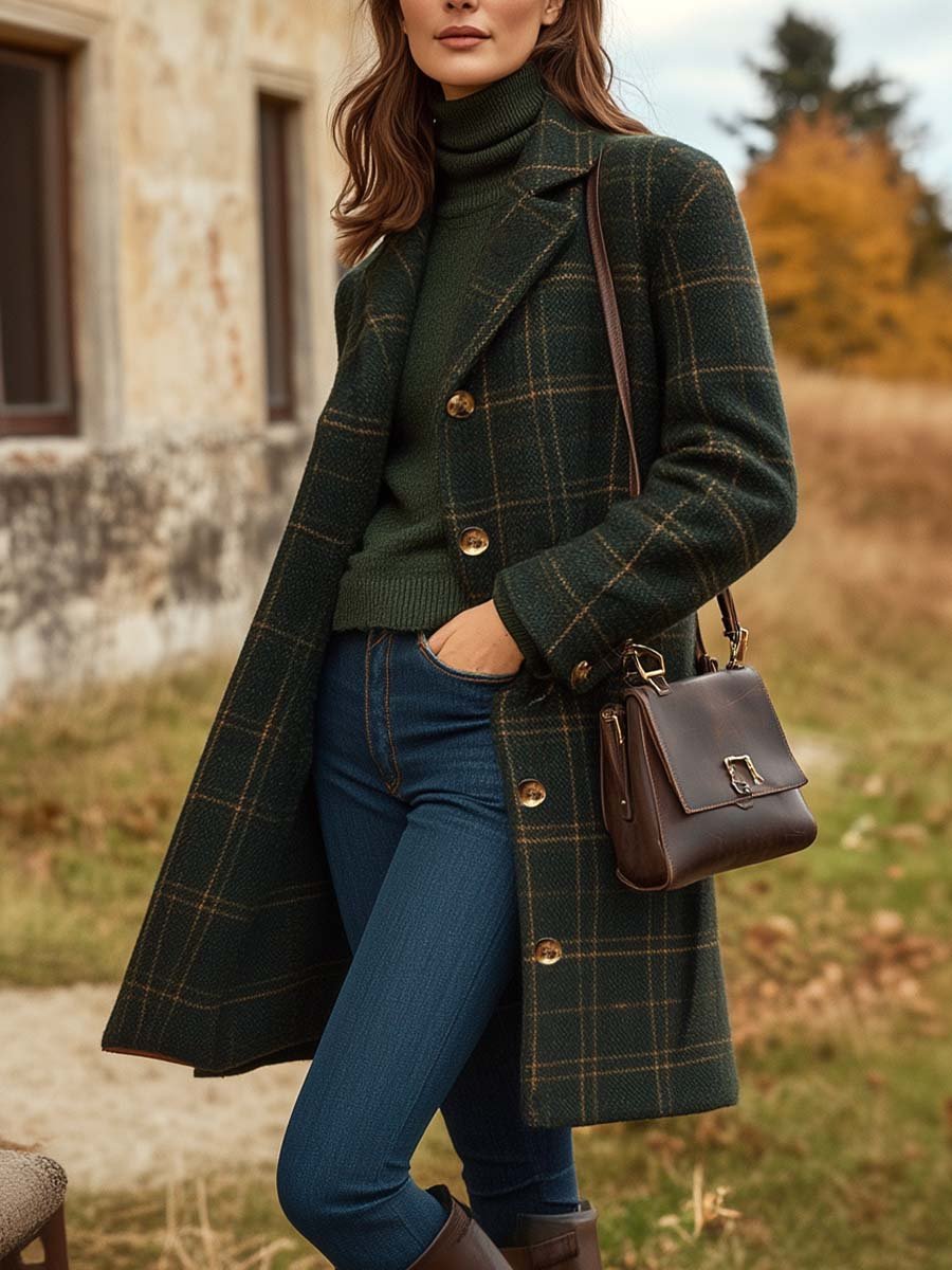 Women's dark green fitted checked wool blend coat for autumn layering