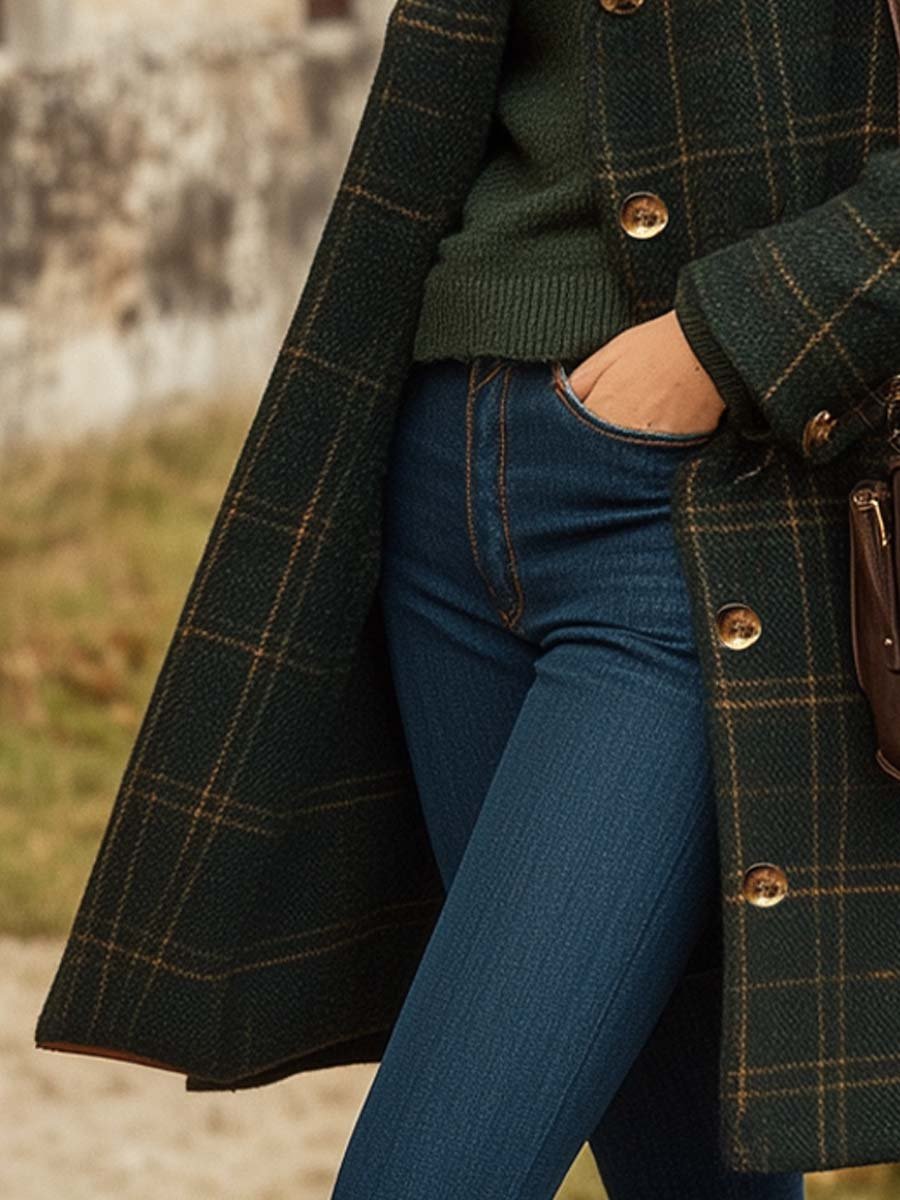Women's dark green fitted checked wool blend coat for autumn layering