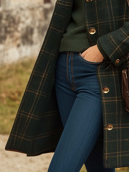 Women's dark green fitted checked wool blend coat for autumn layering