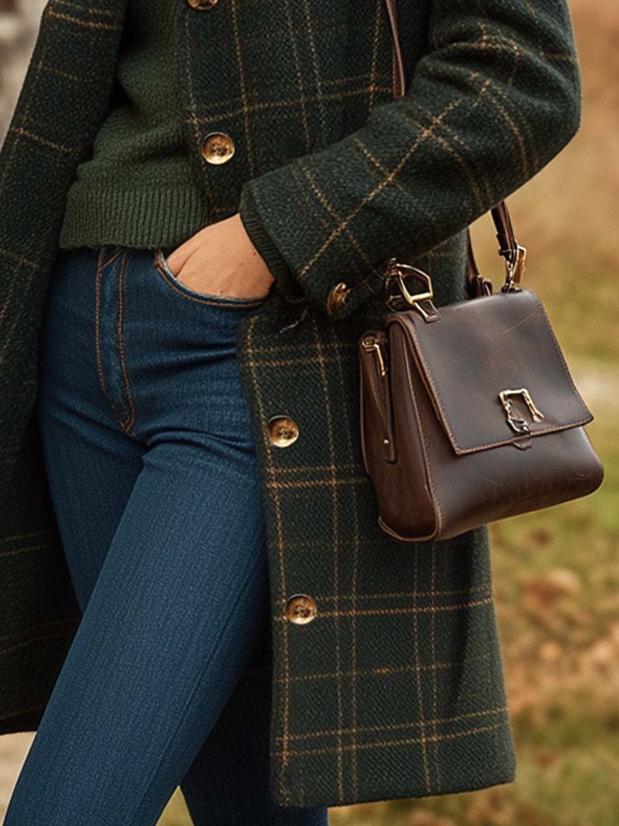 Women's dark green fitted checked wool blend coat for autumn layering