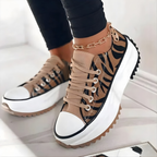 Close-up of chunky platform sole on lace-up trainers