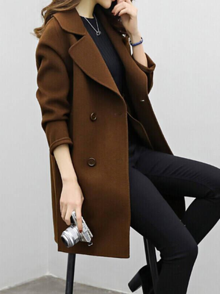 Women's Brown Longline Double-Breasted Coat